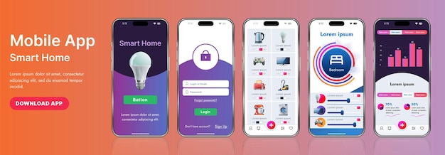 En stilren gränssnittsmall för en smart hem-applikation med moderna ikoner och en lutning. Inkluderar navigeringsmenyer för att hantera enheter, övervaka säkerhet och kontrollera temperatur.