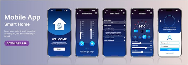 En stilren gränssnittsmall för en smart hem-applikation med moderna ikoner och en lutning. Inkluderar navigeringsmenyer för att hantera enheter, övervaka säkerhet och kontrollera temperatur.
