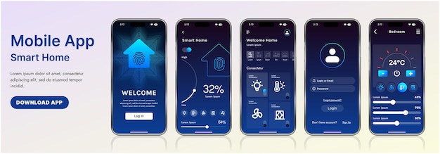 En stilren gränssnittsmall för en smart hem-applikation med moderna ikoner och en lutning. Inkluderar navigeringsmenyer för att hantera enheter, övervaka säkerhet och kontrollera temperatur.