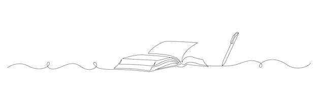 En ubrudt stregtegning af åben bog med pen Uddannelse i skole og bibliotek, studier i enkel lineær stil Udkast til forretning i redigerbar streg Doodle kontur vektor illustration