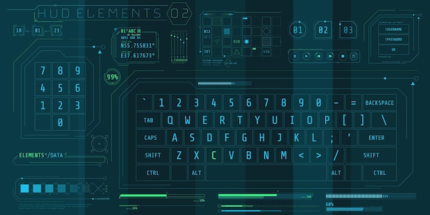 En uppsättning HUD-tangentbordselement för ett futuristiskt gränssnitt.