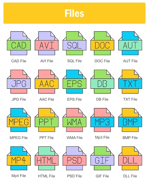 En uppsättning med 20 filikoner som CAD-fil, AVI-fil och SQL-fil