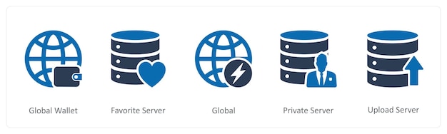 En uppsättning med 5 Internet-ikoner som global plånbok, favorit, server, global