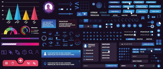 En uppsättning UI-komponenter för mobilappar och webbplatser. Inkluderar knappar, paneler, menyer, reglage och diagram