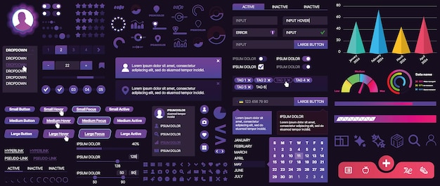 En uppsättning UI-komponenter för mobilappar och webbplatser. Inkluderar knappar, paneler, menyer, reglage och diagram