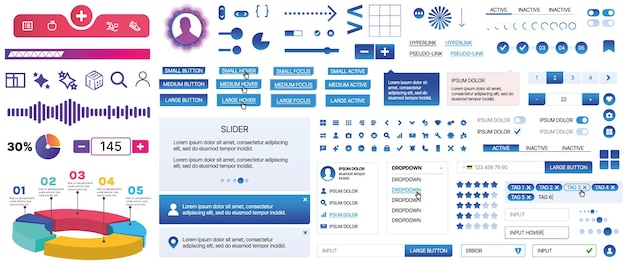 En uppsättning UI-komponenter för mobilappar och webbplatser. Inkluderar knappar, paneler, menyer, reglage och diagram