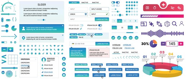 En uppsättning UI-komponenter för mobilappar och webbplatser. Inkluderar knappar, paneler, menyer, reglage och diagram