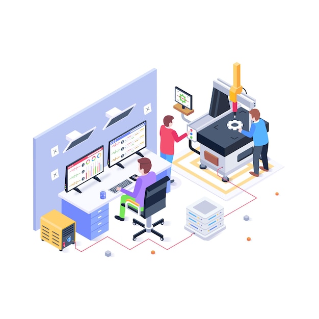 En veldesignet isometrisk illustration af et industrielt kontor