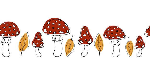 Endless border frame hand drawn fly agarics Autumn natural background Doodle seasonal mushroom