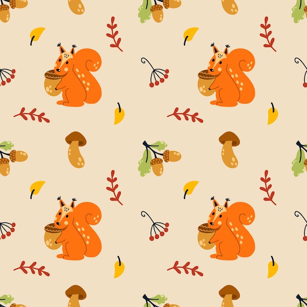 Endless seamless autumn pattern for printing on fabric and sewing children clothes Funny squirrel is holding nut Doodle style twig