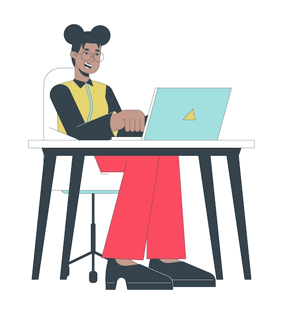Engaged office worker female 2D linear cartoon character African american happy woman typing laptop isolated line vector person white background Workspace sitting color flat spot illustration