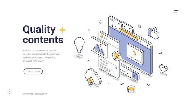 Engaging isometric web banner template for promoting quality content creation and services