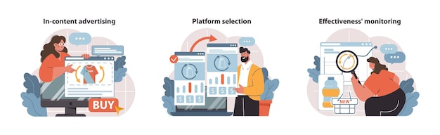 engaging vector illustrations depict incontent advertising platform selection and campaign analytics