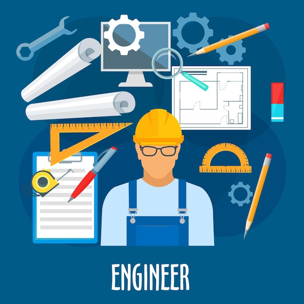 Engineer or builder worker with work tools poster