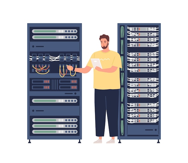 Engineer repairing server, adjusting network connection. Sysadmin maintaining and fixing malfunctions and problems with internet. Colored flat vector illustration isolated on white background.