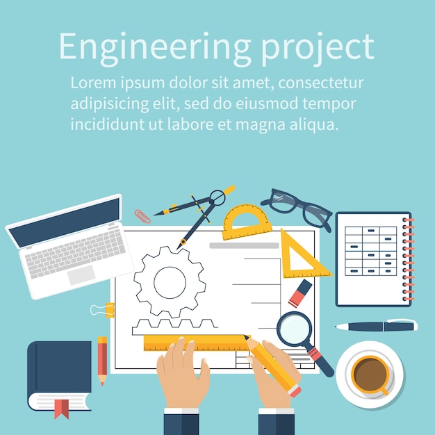 Engineer working on blueprint. Engineering drawing, technical scheme