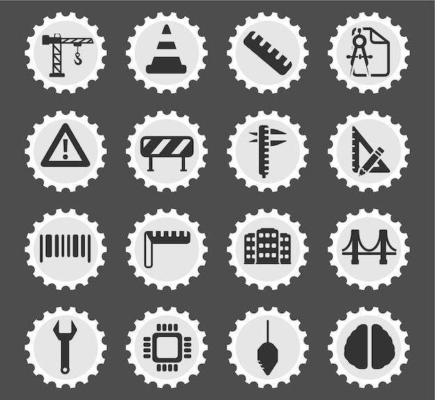 Engineering icons on stylized round postage stamps