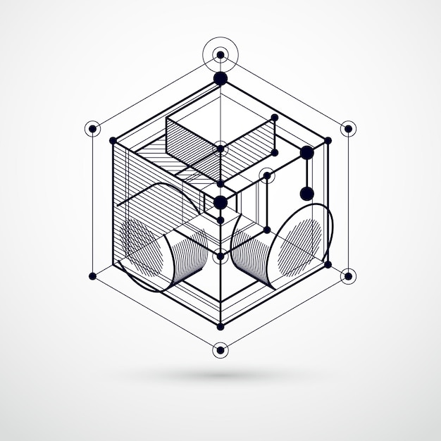 Engineering technology vector black and white wallpaper made with 3D cubes and lines. Engineering technological wallpaper made with honeycombs. Abstract technical background.