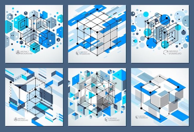 Engineering technology vector blue wallpapers set made with 3D cubes and lines. Engineering technological wallpaper made with honeycombs. Abstract technical background.