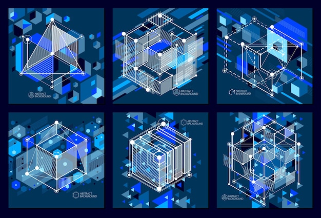 Engineering technology vector dark blue wallpapers set made with 3D cubes and lines. Engineering technological wallpaper made with honeycombs. Abstract technical background.