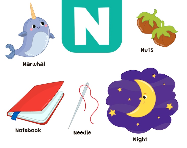 Vektor english alphabet in pictures children's colored letter n vector illustration