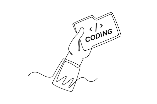 Enkelt stregtegning af hånd, der holder kodningsfil. Programmeringskodekoncept. Kontinuerlig stregtegning, grafisk vektorillustration.
