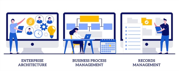 Enterprise architecture, business process and records management illustration with tiny people