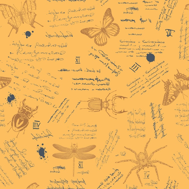 entomologist diary with sketches, formulas and notes and sketches of insects