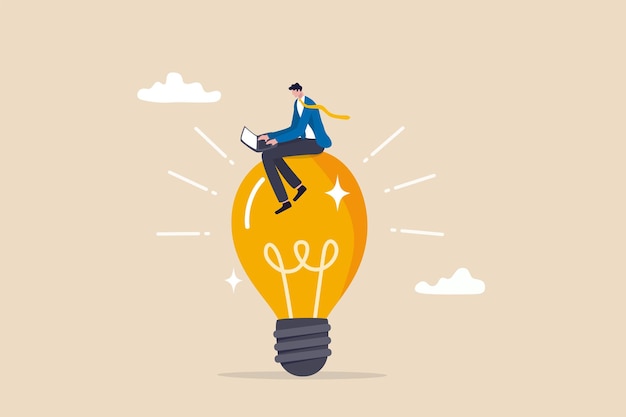 entrepreneur solution, creative idea to solve work problem, success discover new innovation concept, smart businessman working with computer laptop on bright light bulb idea.