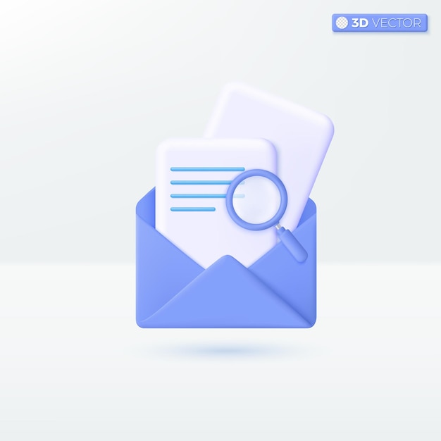 Envelope with documents and magnifying glass icon symbols Navigation and finding information letter online email concept 3D vector isolated illustration design Cartoon pastel Minimal style