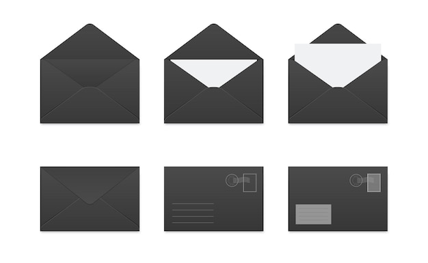 Envelopes with letter closed open with postage stamp Folded and unfolded black kraft paper envelope