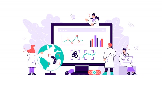 Epidemiology. Health danger risk spread laboratory. Tiny bacteria pandemic outbreak research.Sanitary condition prevention and virus microscopic bacteria infection protection. Flat  illustration