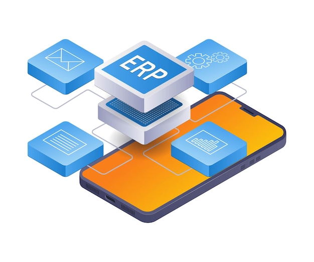 ERP management smartphone control infographic 3d illustration flat isometric