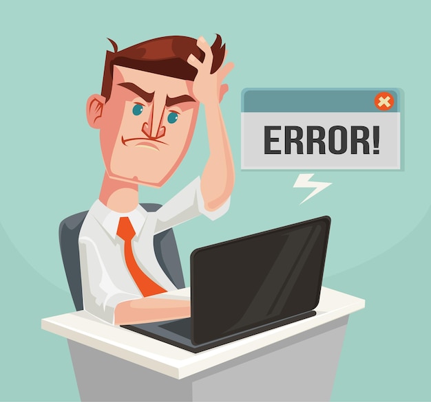 Error message and puzzled office worker character