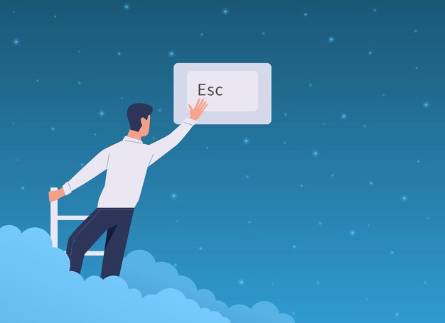Escape exit Cartoon man presses on Esc keyboard interface button Character climbs staircase in sky and leaves web page Close computer electronic software with keypad Vector concept