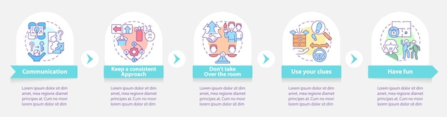 Escape room action plan round infographic template Have fun Data visualization with 5 steps Process timeline info chart Workflow layout with line icons Myriad ProBold Regular fonts used
