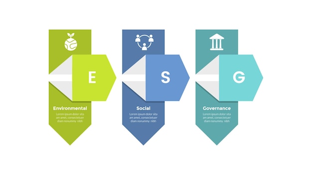 esg environmental social governance infographics template diagram with vertical box arrow 3 point step creative design for slide presentation vector