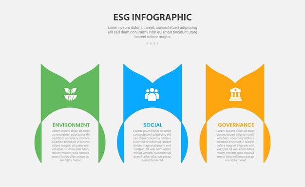 ESG infographic outline style with 3 point template with creative circle container with swirl on header for slide presentation