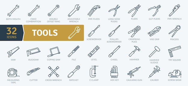 Essential Hand Tools Icons 32 Line icons collection set Simple vector icons
