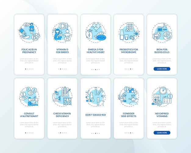 essential supps, consumption tips onboarding mobile app page screen with concepts set