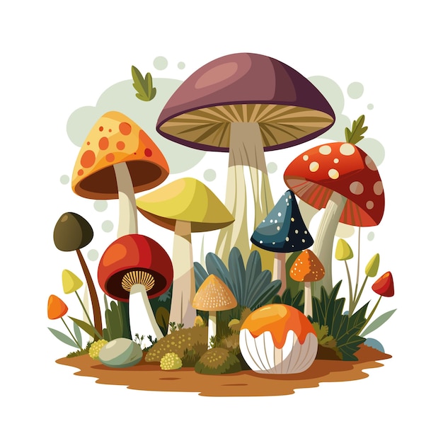 Et sæt af forskellige typer svampe med planter, smuk scenevektorillustration
