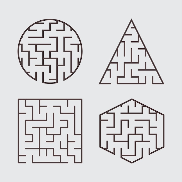 Et sæt labyrinter til børn. En firkant, en cirkel, en sekskant, en trekant.
