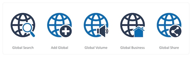 Et sæt med 5 internet-ikoner som global søgning, tilføj global global lydstyrke