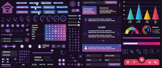 Et sæt UI-komponenter til mobilapps og websites. Inkluderer knapper, paneler, menuer, skydeknapper og diagrammer