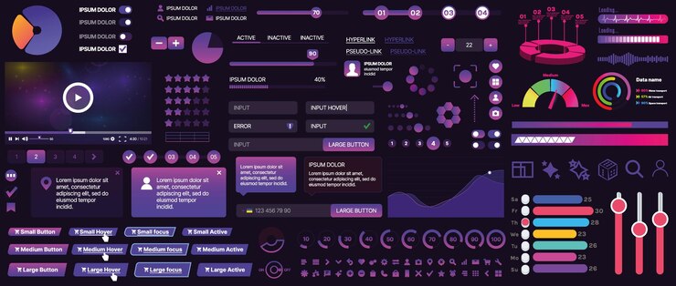 Vektor et sæt ui-komponenter til mobilapps og websites. inkluderer knapper, paneler, menuer, skydeknapper og diagrammer