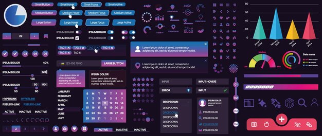 Et sæt UI-komponenter til mobilapps og websites. Inkluderer knapper, paneler, menuer, skydeknapper og diagrammer