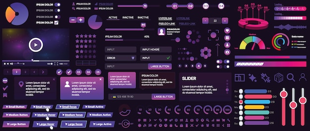 Et sæt UI-komponenter til mobilapps og websites. Inkluderer knapper, paneler, menuer, skydeknapper og diagrammer