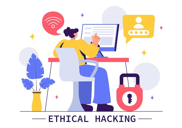ethical hacking illustration featuring a developer practicing hacking on a web application identifying code vulnerabilities to improve cybersecurity