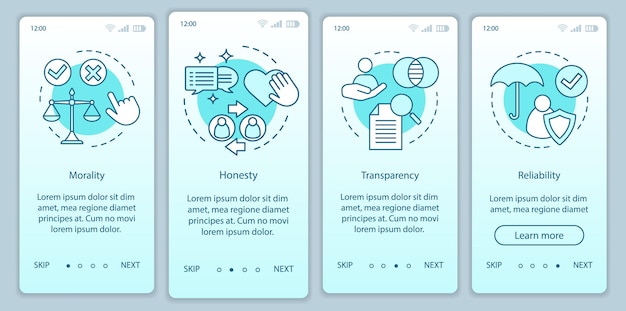 Ethical principles onboarding mobile app page screen vector template. Morality, transparency, reliability. Walkthrough website steps with linear illustrations. UX, UI, GUI smartphone interface concept