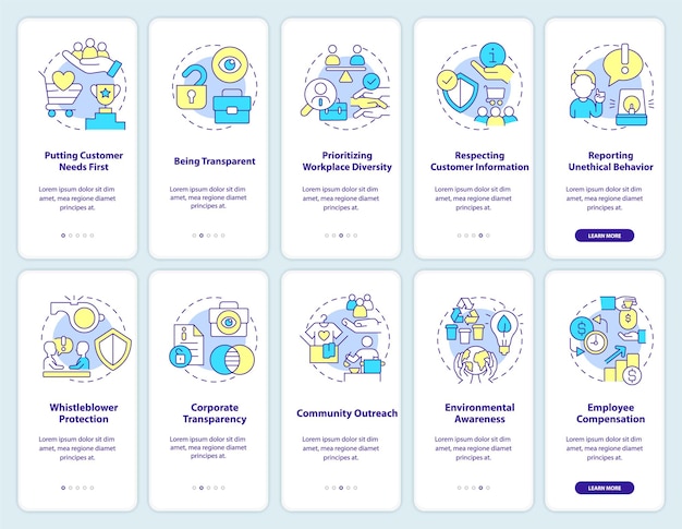 Ethical standards in business onboarding mobile app screen set